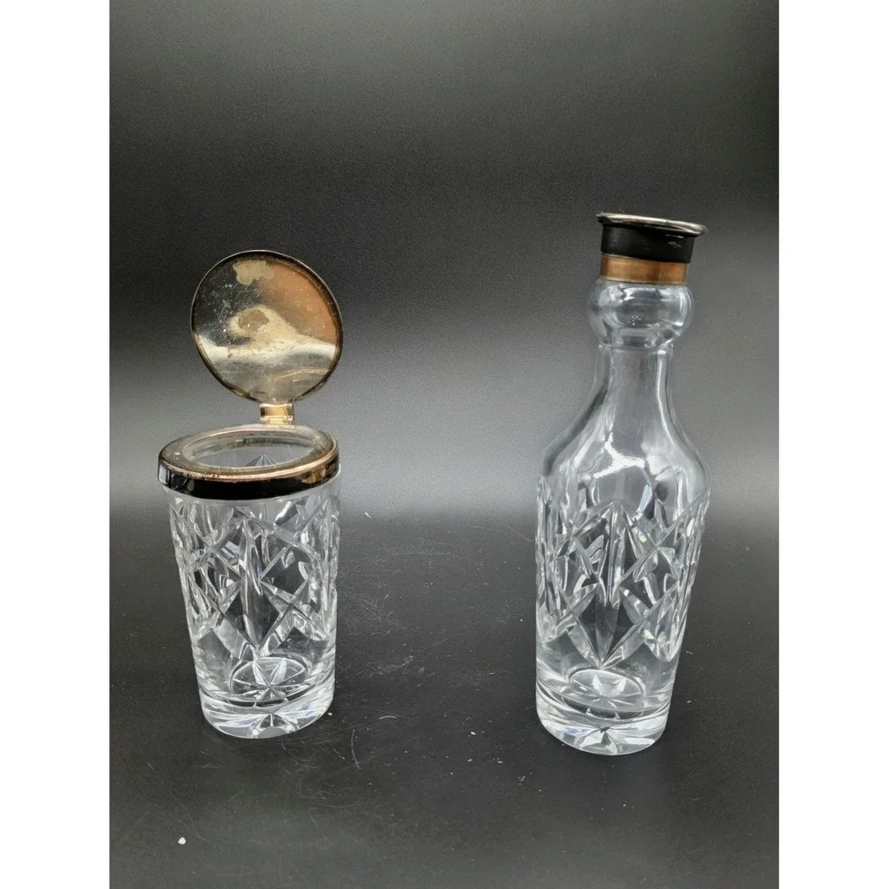 Antique Silver Plated Cut Glass Cruet Set 2 Bottles Footed Stand Etched 9753-4